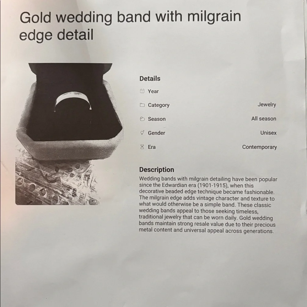 Gold wedding band with migraine edge detail size 5 1/5 - Picture 4 of 6